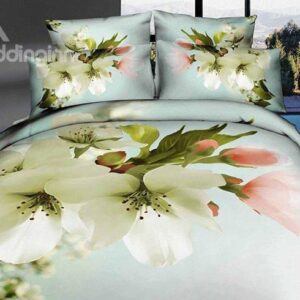 Snow-white Pear Blossom Print Cotton 4-Piece Duvet Cover Sets