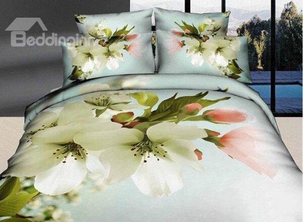 Snow-white Pear Blossom Print Cotton 4-Piece Duvet Cover Sets