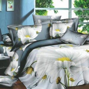 Concise Elegant White Blooming Floral Print Cotton 4-Piece Duvet Cover Sets