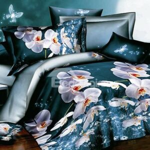 White Butterfly Orchid Print Polyester 4-Piece Duvet Cover Sets