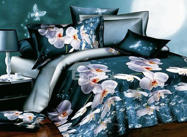 White Butterfly Orchid Print Polyester 4-Piece Duvet Cover Sets