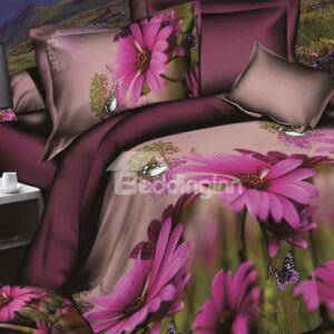 Rosy Daisy and Butterflies Print Polyester 4-Piece Duvet Cover Sets