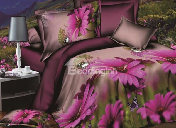 Rosy Daisy and Butterflies Print Polyester 4-Piece Duvet Cover Sets