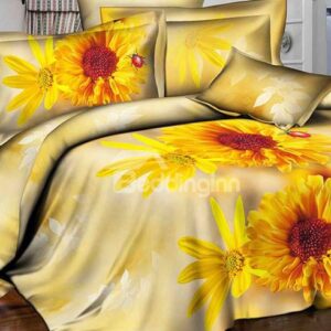 Bright Yellow Daisy Print Full Size Polyester 4-Piece Duvet Cover Sets