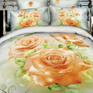 Mellow Three Yellow Roses Print Cotton 4-Piece Duvet Cover Sets