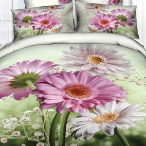 Fresh Pink and White Daisy Print Cotton 4-Piece Duvet Cover Sets