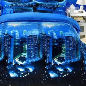 Charming City Night Scenery Printing Blue 4-Piece Polyester Duvet Cover Sets