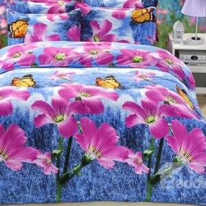 Butterflies Flying on Rosy Flowers Printing Polyester 4-Piece Duvet Cover Sets