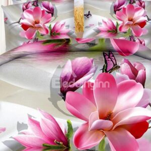 Mellow Pink Magnolia Butterflies Printing Polyester 4-Piece Duvet Cover Sets