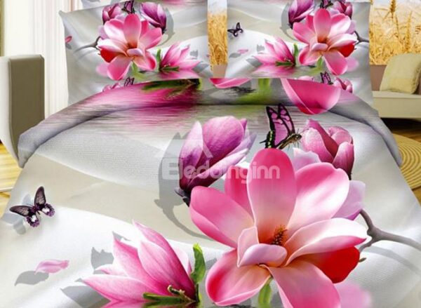Mellow Pink Magnolia Butterflies Printing Polyester 4-Piece Duvet Cover Sets