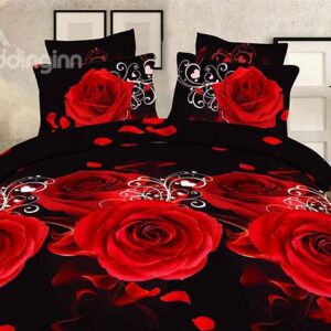 Red Roses and Petals Printing Polyester 4-Piece Duvet Cover Sets