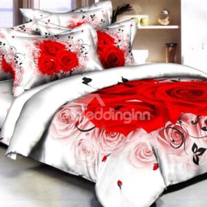 White and Red Rose Printed Cotton Duvet Cover
