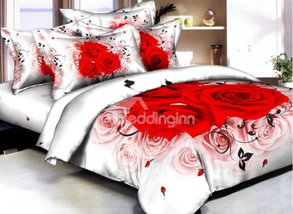 White and Red Rose Printed Cotton Duvet Cover