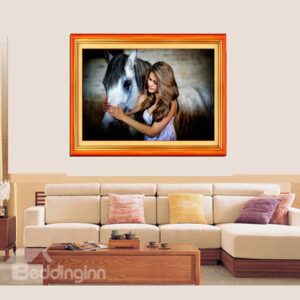 Wonderful Brunette Peting a Horse DIY Diamond Sticker