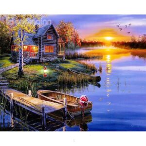 Wonderful Lake Cottage in Sunset DIY Diamond Sticker