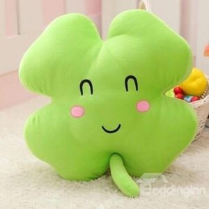 Lovely Smile Face Print Green Four Leaf Clover Shape Plush Throw Pillow