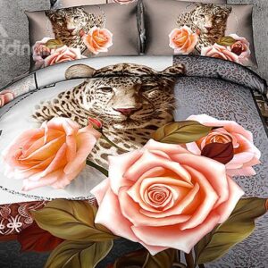 Powerful Leopard and Romantic Roses Print Cotton 4-Piece Duvet Cover Sets