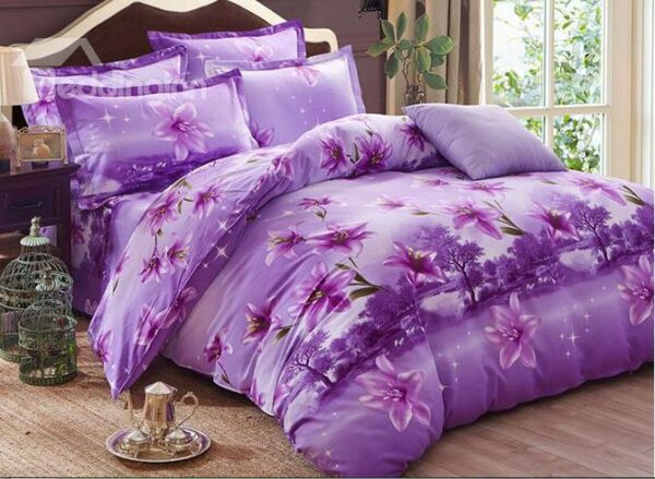 Romantic Purple Lilies Print Cotton 4-Piece Duvet Cover Sets