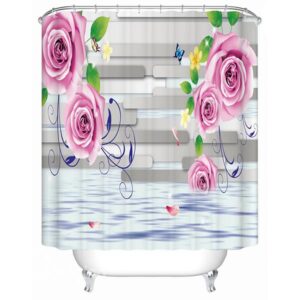 Charming Beautiful Roses and Gray Stripes 3D Shower Curtain