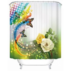 Charming Fantastic Unique Yellow and White Roses Butterfly 3D Shower Curtain