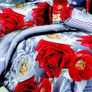 Wonderful Red and White Floral Print Polyester 4-Piece Duvet Cover Sets