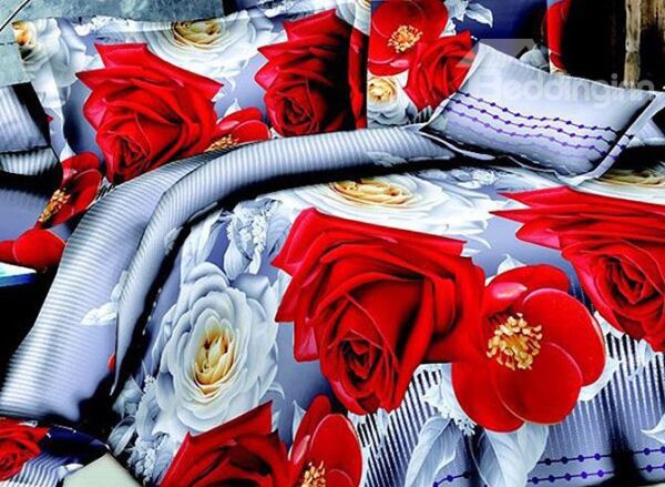 Wonderful Red and White Floral Print Polyester 4-Piece Duvet Cover Sets