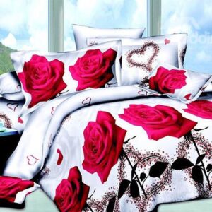 Romantic Red Roses and Hear-shape Print Full Size 4-Piece Duvet Cover Sets