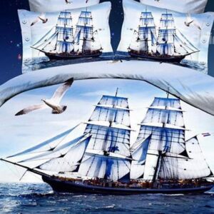 Sailing Boat and Flying Sea Gull Print 4-Piece Duvet Cover Sets