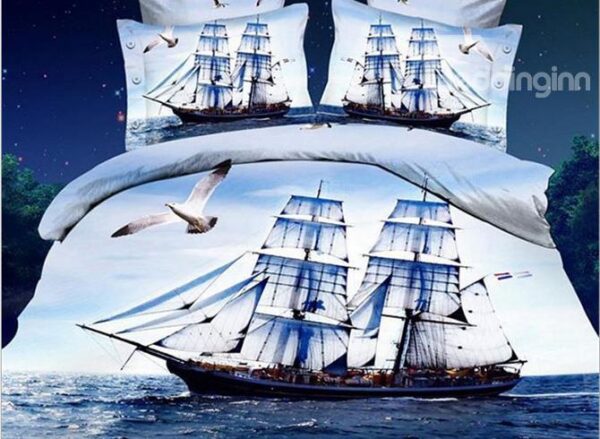 Sailing Boat and Flying Sea Gull Print 4-Piece Duvet Cover Sets