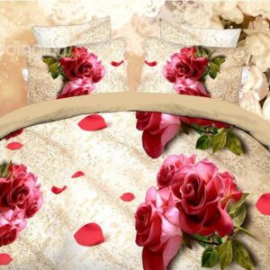 Mellow Beige 4-Piece Duvet Cover Sets with Red Floral Print