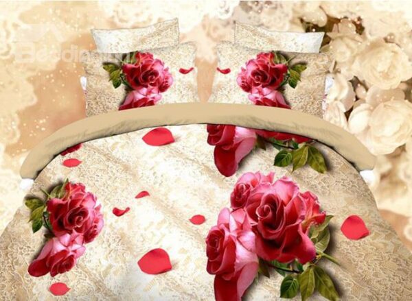 Mellow Beige 4-Piece Duvet Cover Sets with Red Floral Print
