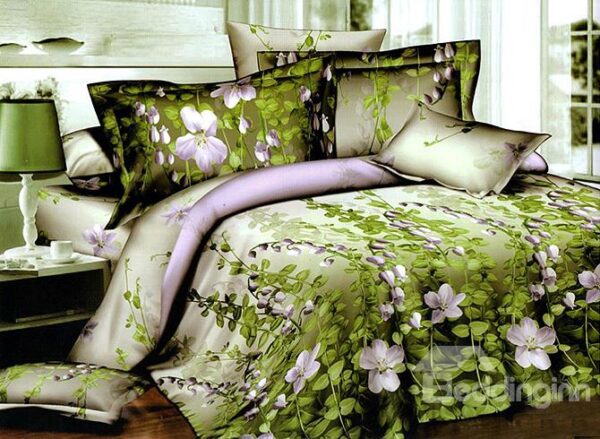 Pastoral White Small Flowers with Green Background Design Cotton 4-Piece Duvet Cover Sets