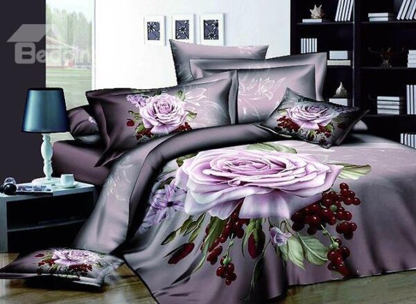 Luxury Light Purple Peony Print Cotton 4-Piece Duvet Cover Sets