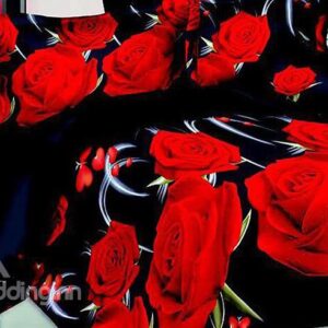 Vibrant Romantic Red Roses Print Polyester 4-Piece Duvet Cover Sets