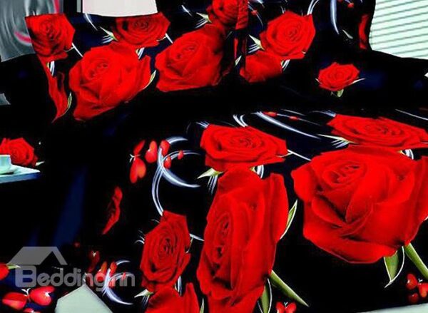Vibrant Romantic Red Roses Print Polyester 4-Piece Duvet Cover Sets