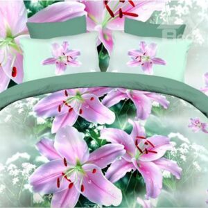 Romantic Pink Lilies Print Polyester 4-Piece Duvet Cover Sets