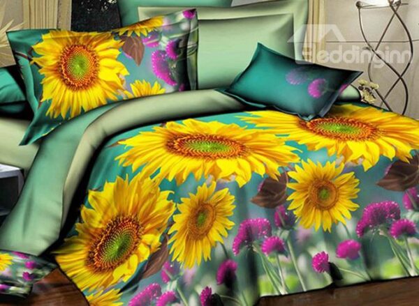 Bright Beautiful Yellow Sunflowers Print 4-Piece Duvet Cover Sets