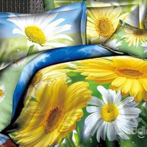 Dewy White and Yellow Daisy Print Polyester 4-Piece Duvet Cover Sets