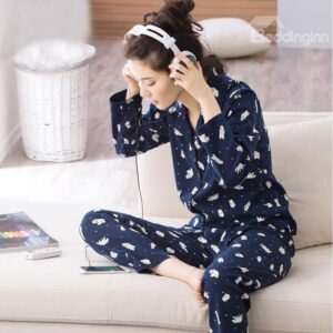 New Style Cute Bear Print Dark Blue Women's Pajamas Set