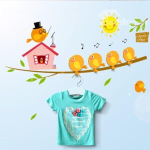 Creative Cartoon Birds Singing on Tree Branch Wall Sticker 4-Head Hooks