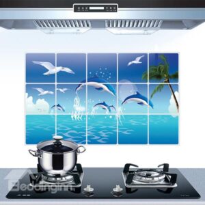 Wonderful Dolphins Rise Above Sea Water Kitchen Hearth Removable Wall Sticker