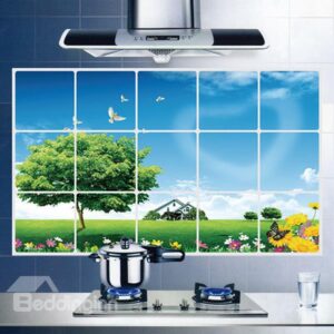Green Field and Tree Kitchen Hearth Oil-Proof Removable Wall Sticker