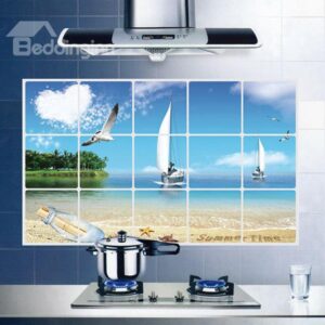 Wonderful Beach Seagulls and Sailing Boat Kitchen Hearth Oil-Proof Removable Wall Sticker