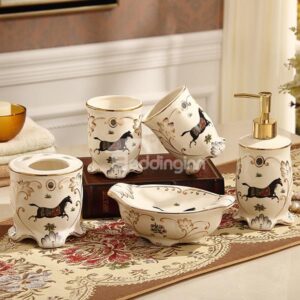 High Quality Classical Style Running Horse Print 5 Pieces Bathroom Ensembles