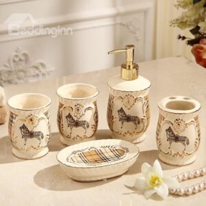 High Class Modern Style Lattice Pattern Running Horse 5 Pieces Bathroom Ensembles