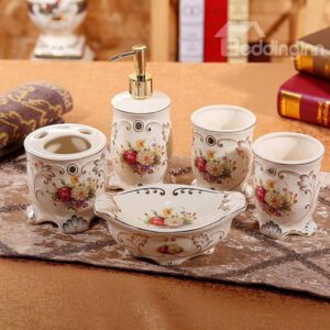 European Style Beautiful Flower Pattern 5 Pieces Bathroom Ensembles