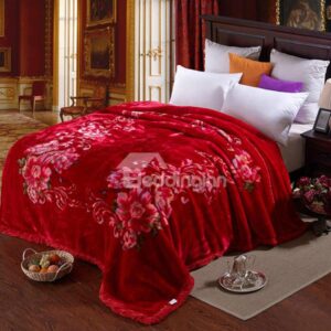 Pretty Fiery Red Flowers Print Fluffy Blanket