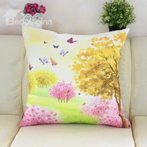 Colorful Butterflies Flying in Forest Printing Plush Throw Pillow