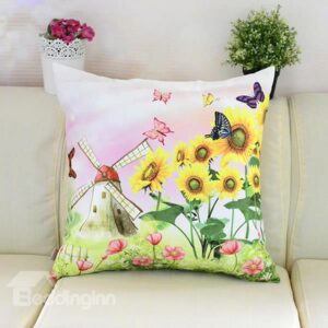 Bright Butterflies Sunflowers and Windmill Printing Plush Throw Pillow
