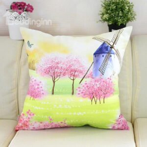 Pastoral Bright Treed And Windmill Printing Plush Throw Pillow